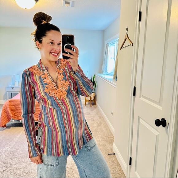 Soft Surroundings Pink Blue Striped Cotton Beaded Tunic Top Medium - Picture 2 of 13